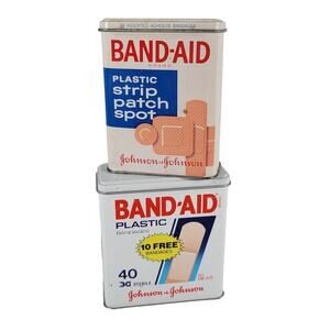Band-Aid Tin Set, Collectible 32 Strip Patch Spot, 40 One Size Lot of 2 Vintage
